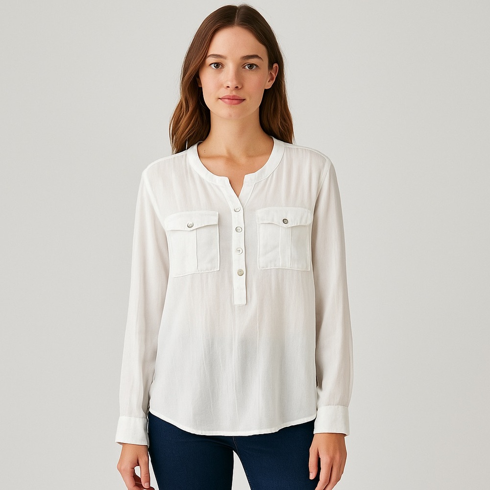 KORI AMERICA Rayon Blend White Utility Popover Split Neck Blouse Small
